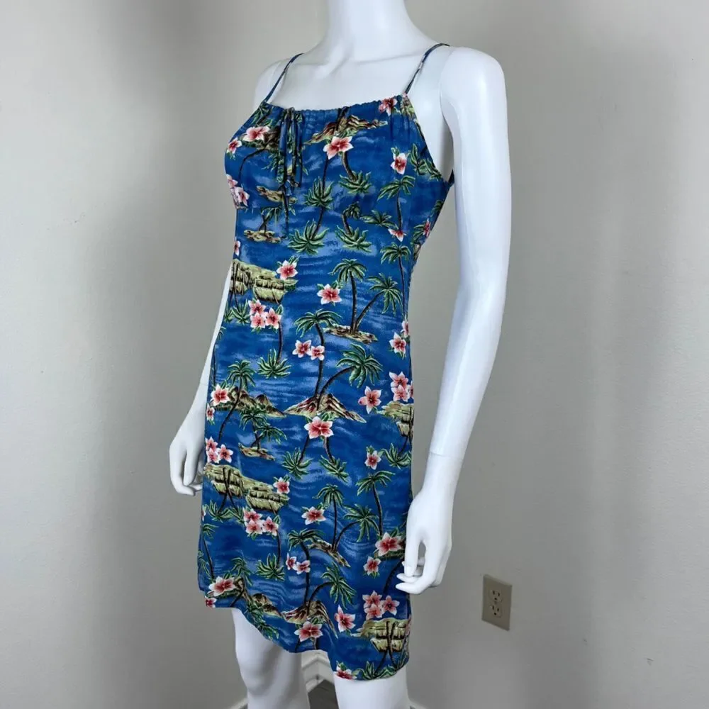 Vintage Women Size M Blue Floral Tropical Hawaiian Novelty Y2K Mini Slip Dress